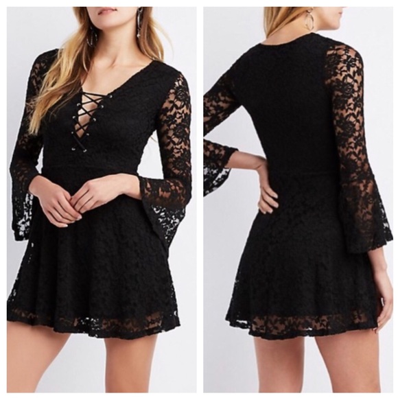 Nordstrom Dresses & Skirts - 2/$25 Black Lace-up Lace Bell Sleeve Shift Dress